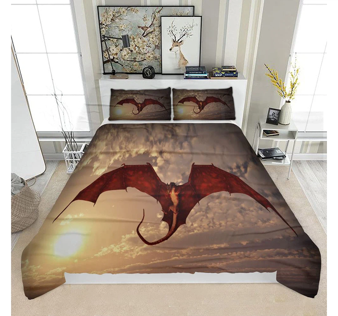 Personalized Bedding Set - Fire Breathing Dragon Flying Attack Solf Included 1 Ultra Soft Duvet Cover or Quilt and 2 Lightweight Breathe Pillowcases