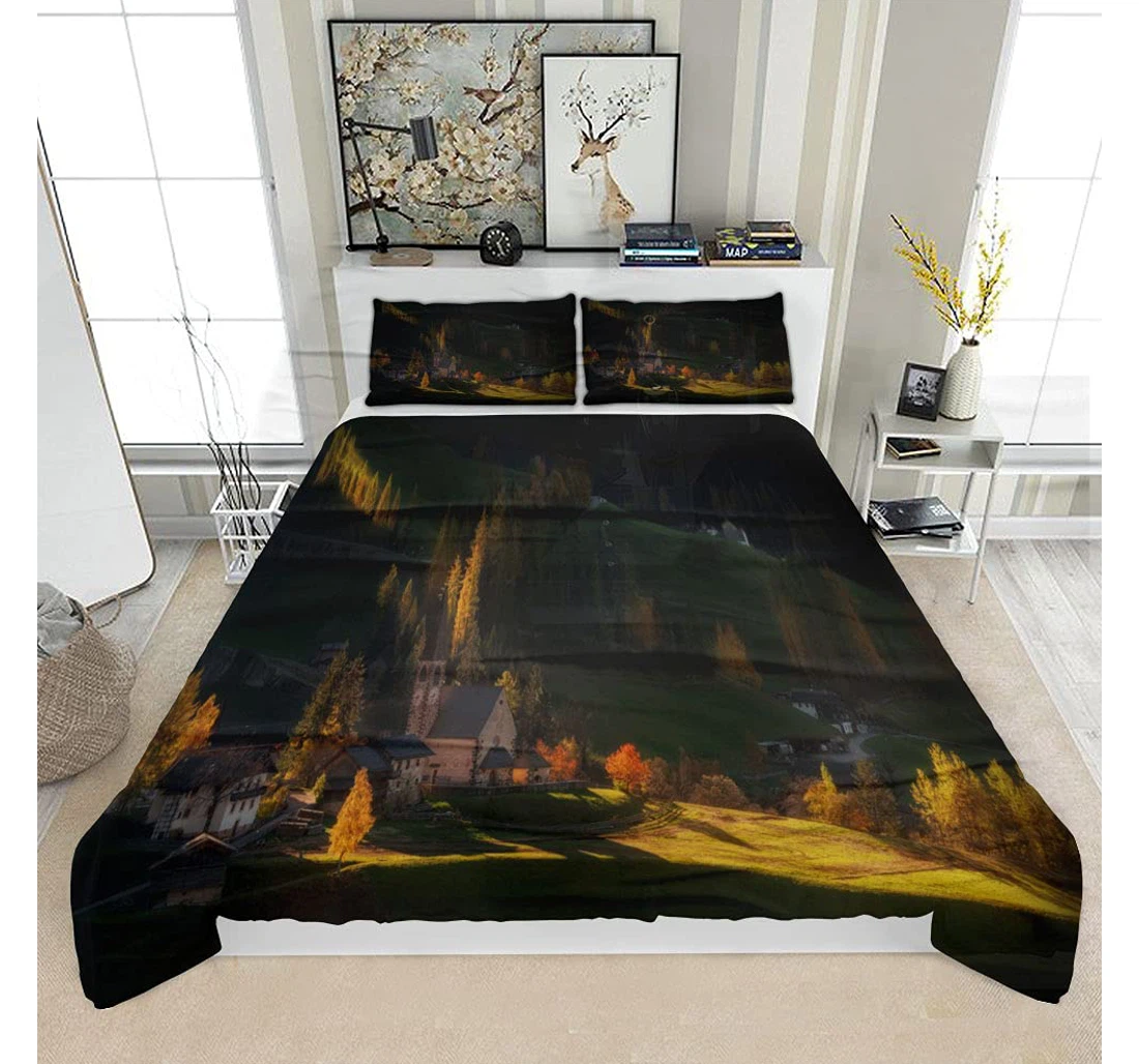 Personalized Bedding Set - Autumn Alpine Valley View Santa Maddalena Solf Included 1 Ultra Soft Duvet Cover or Quilt and 2 Lightweight Breathe Pillowcases