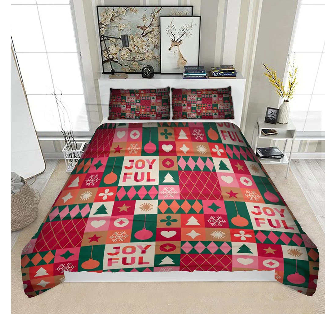 Personalized Bedding Set - Christmas Icons Elements Geometric Solf Included 1 Ultra Soft Duvet Cover or Quilt and 2 Lightweight Breathe Pillowcases