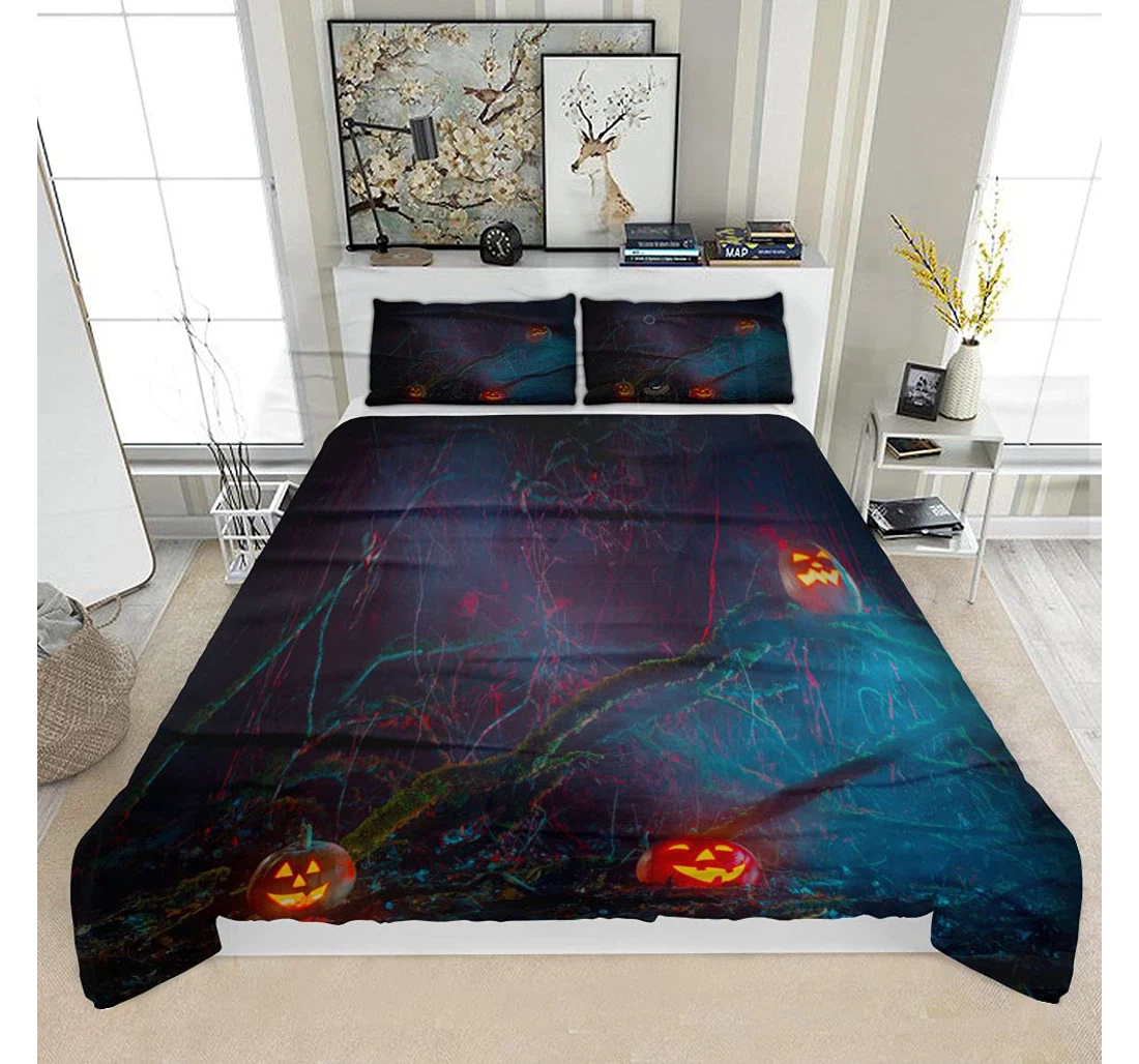 Personalized Bedding Set - Halloween Pumpkins Night Forest Solf Included 1 Ultra Soft Duvet Cover or Quilt and 2 Lightweight Breathe Pillowcases