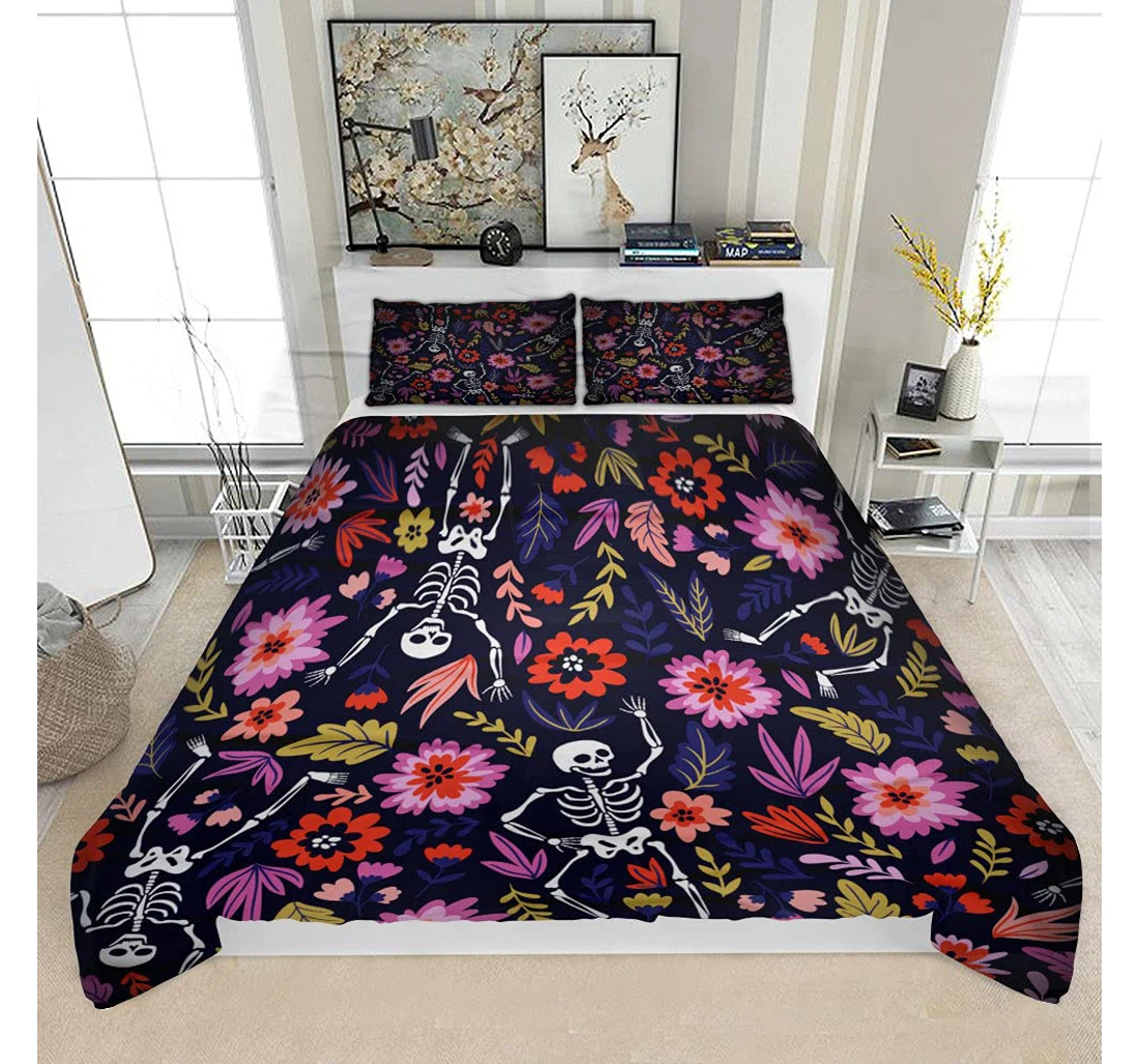 Personalized Bedding Set - Dancing Skeletons Floral Garden Vector Holiday Solf Included 1 Ultra Soft Duvet Cover or Quilt and 2 Lightweight Breathe Pillowcases