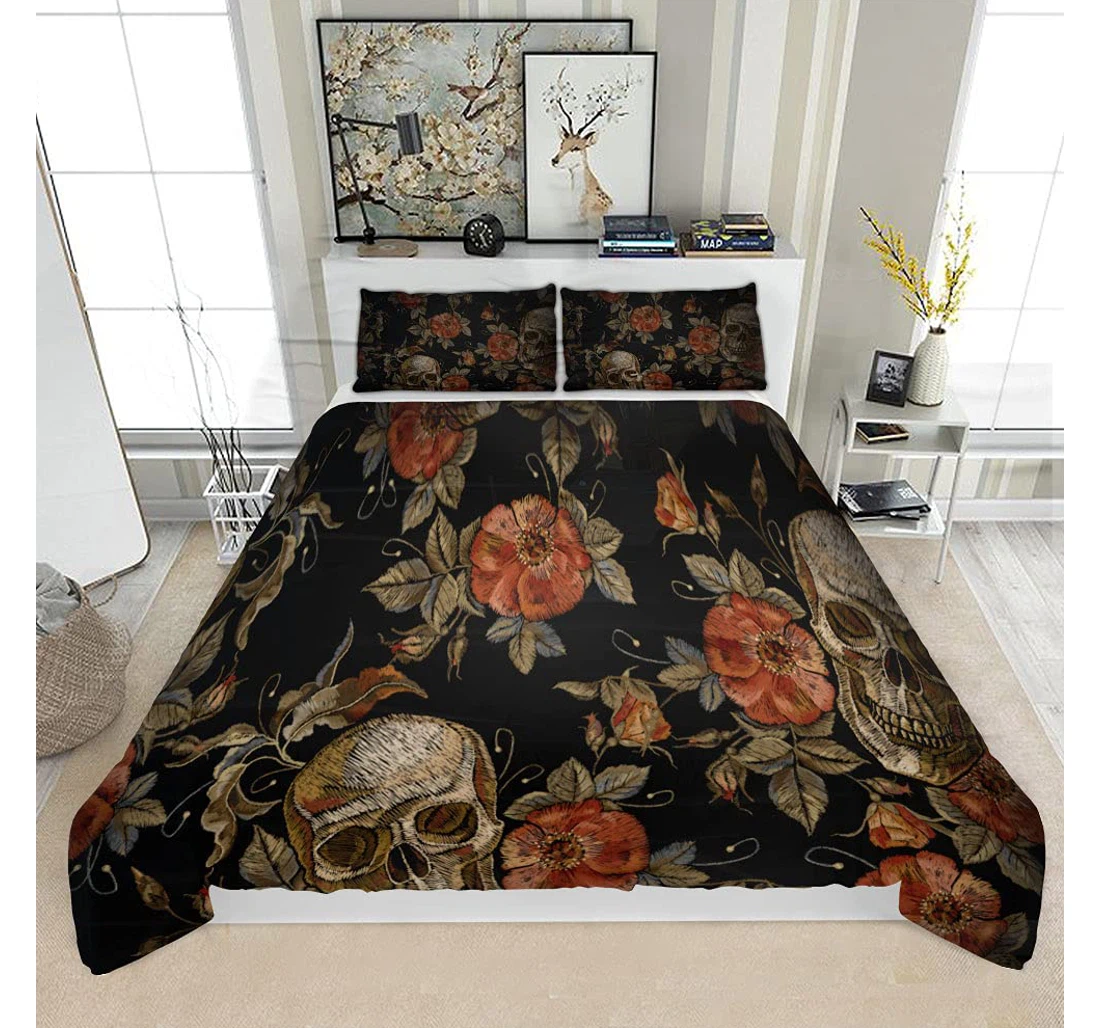 Personalized Bedding Set - Embroidery Vintage Skull Roses Pattern Solf Included 1 Ultra Soft Duvet Cover or Quilt and 2 Lightweight Breathe Pillowcases