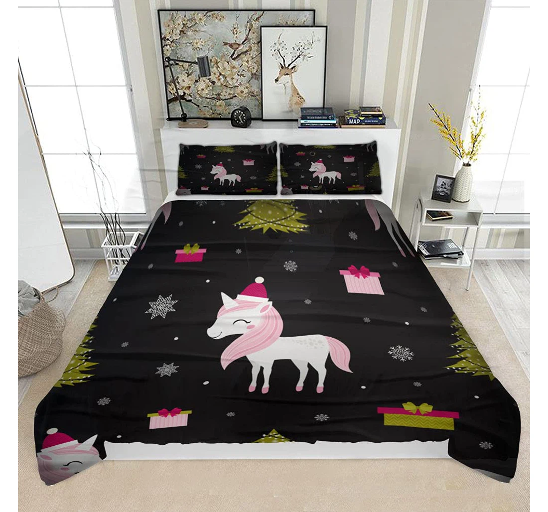 Personalized Bedding Set - Christmas Cute Unicorn Solf Included 1 Ultra Soft Duvet Cover or Quilt and 2 Lightweight Breathe Pillowcases