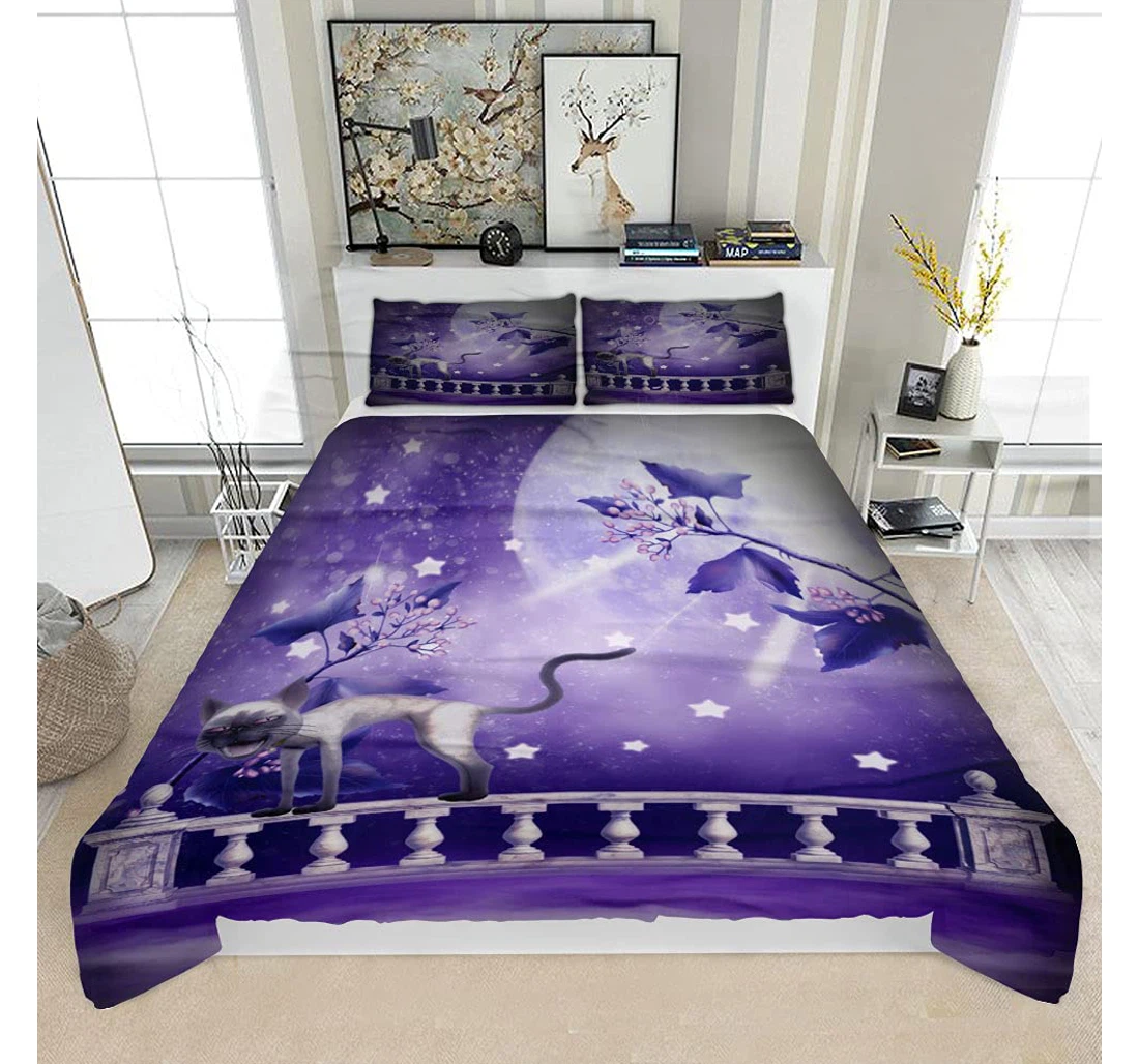 Personalized Bedding Set - Purple Scenery Fence Cat Above Clouds Solf Included 1 Ultra Soft Duvet Cover or Quilt and 2 Lightweight Breathe Pillowcases