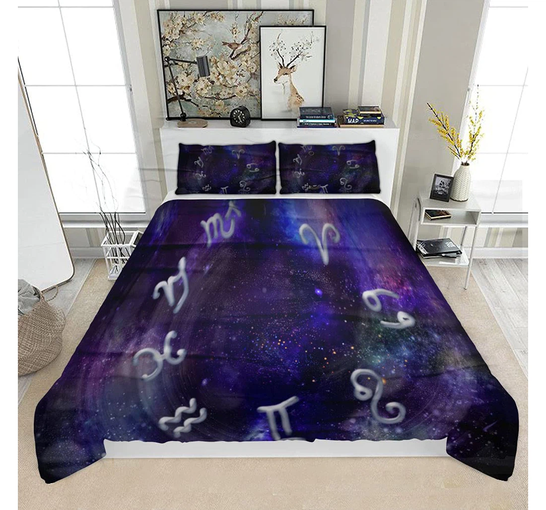 Personalized Bedding Set - Astrological Horoscope Symbols On Cosmic Background Solf Included 1 Ultra Soft Duvet Cover or Quilt and 2 Lightweight Breathe Pillowcases