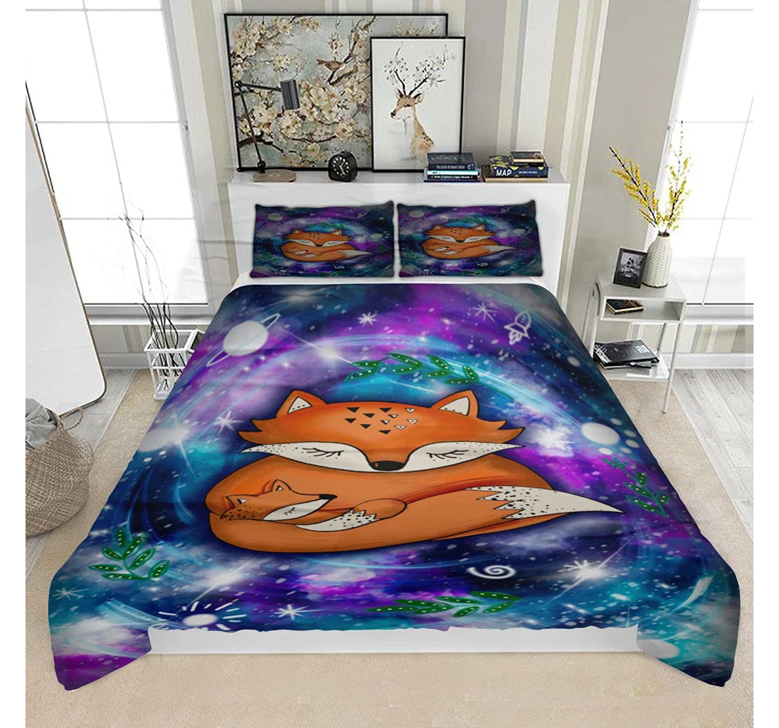 Personalized Bedding Set - Baby Mother Fox Space Background Solf Included 1 Ultra Soft Duvet Cover or Quilt and 2 Lightweight Breathe Pillowcases