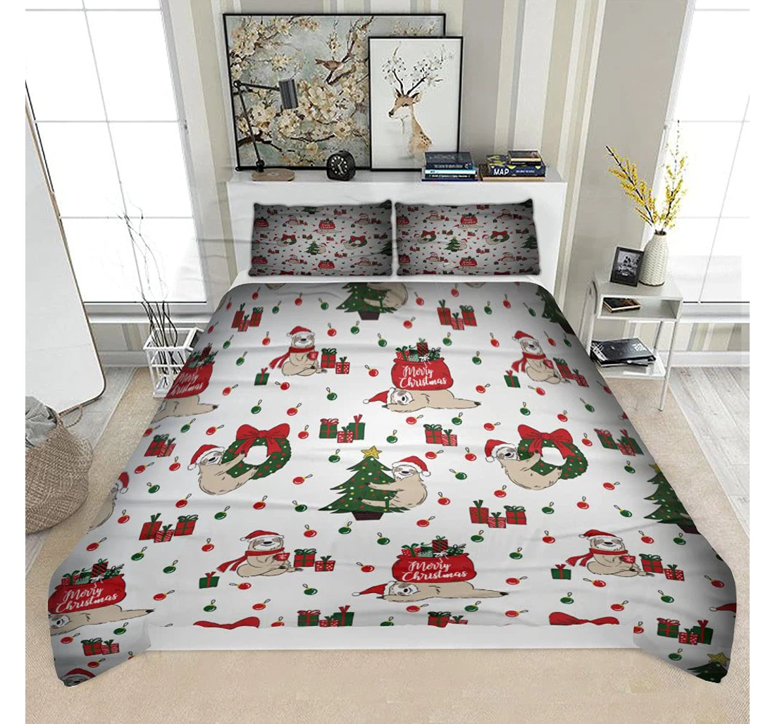Bedding Set - Christmas Holiday Sloth Solf Included 1 Ultra Soft Duvet Cover or Quilt and 2 Lightweight Breathe Pillowcases