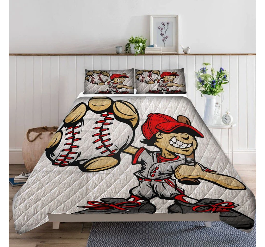Personalized Bedding Set - Baseball Cartoon Player Bat Ball Included 1 Ultra Soft Duvet Cover or Quilt and 2 Lightweight Breathe Pillowcases