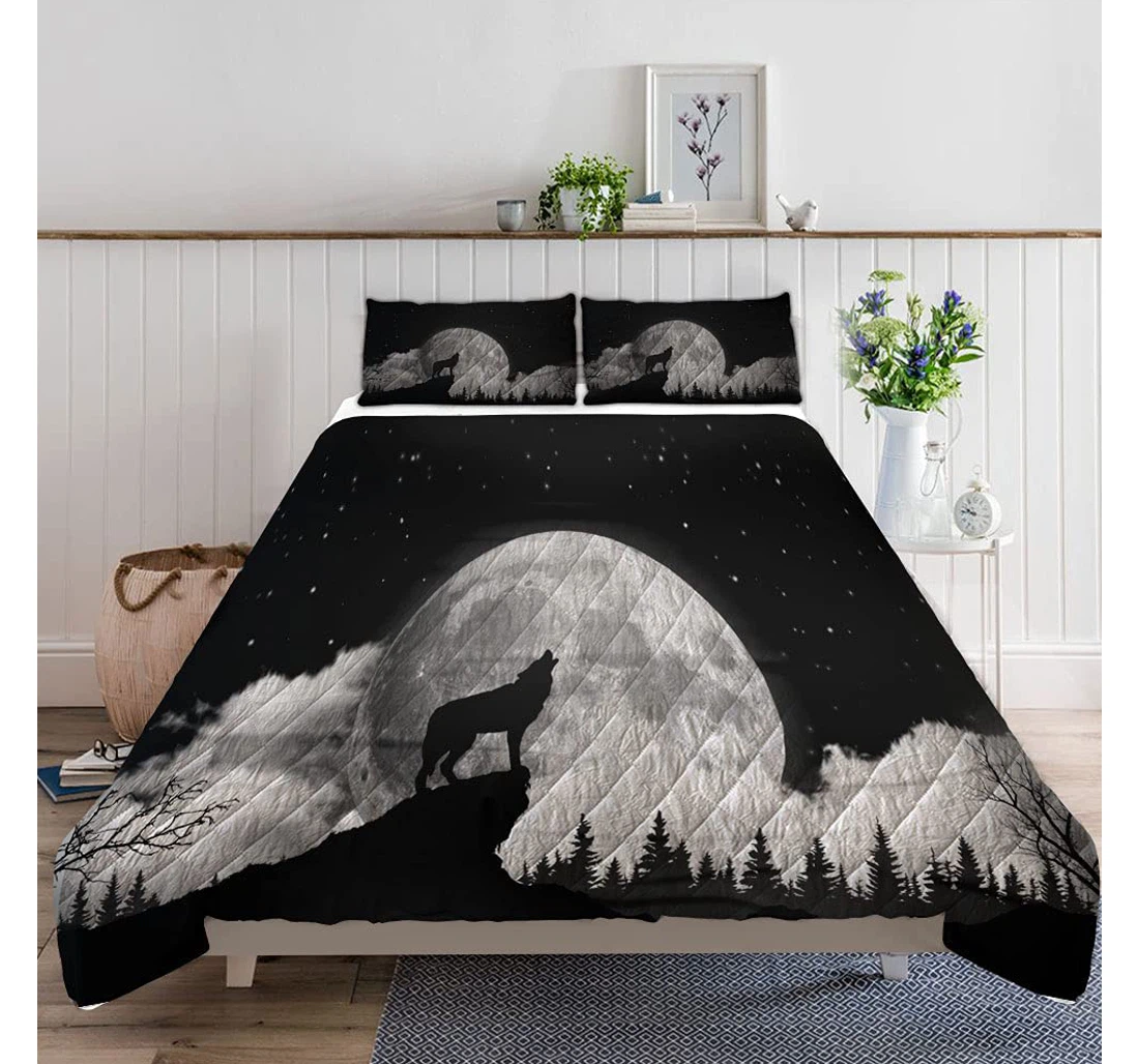 Personalized Bedding Set - Black White Wolf Howling Moon Included 1 Ultra Soft Duvet Cover or Quilt and 2 Lightweight Breathe Pillowcases