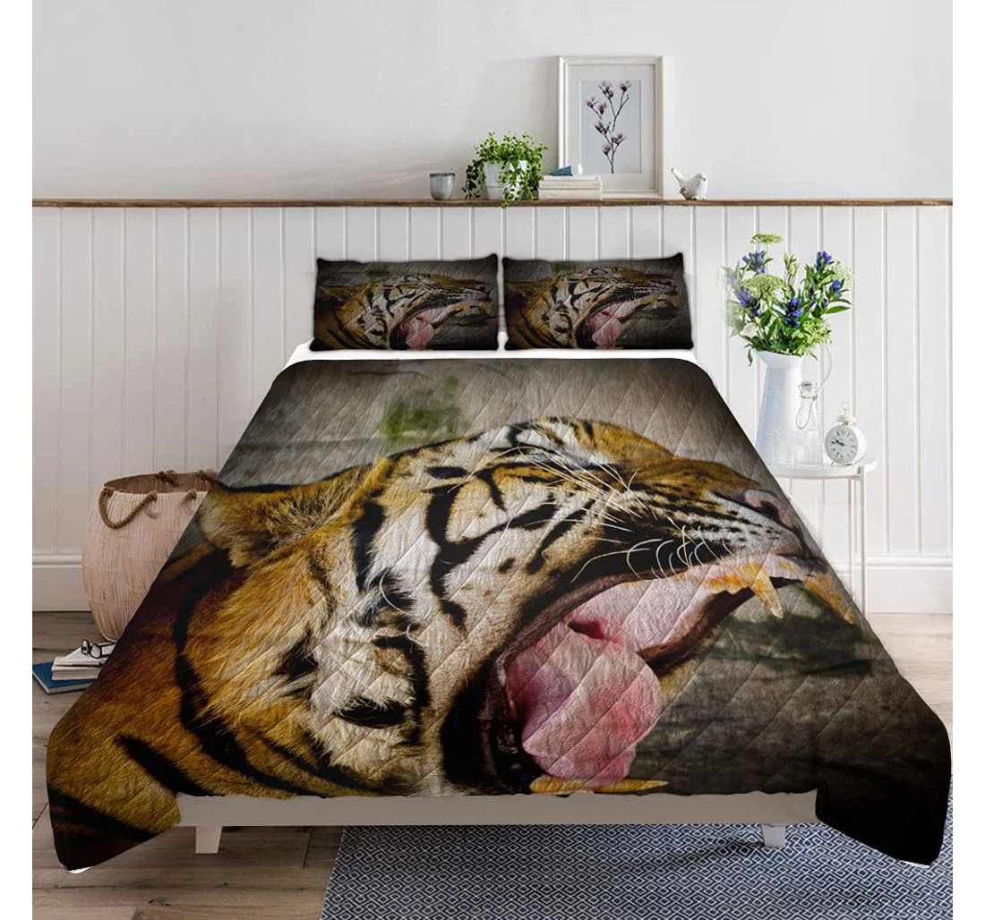 Personalized Bedding Set - Close Tigers Face Bare Teeth Bengal Included 1 Ultra Soft Duvet Cover or Quilt and 2 Lightweight Breathe Pillowcases