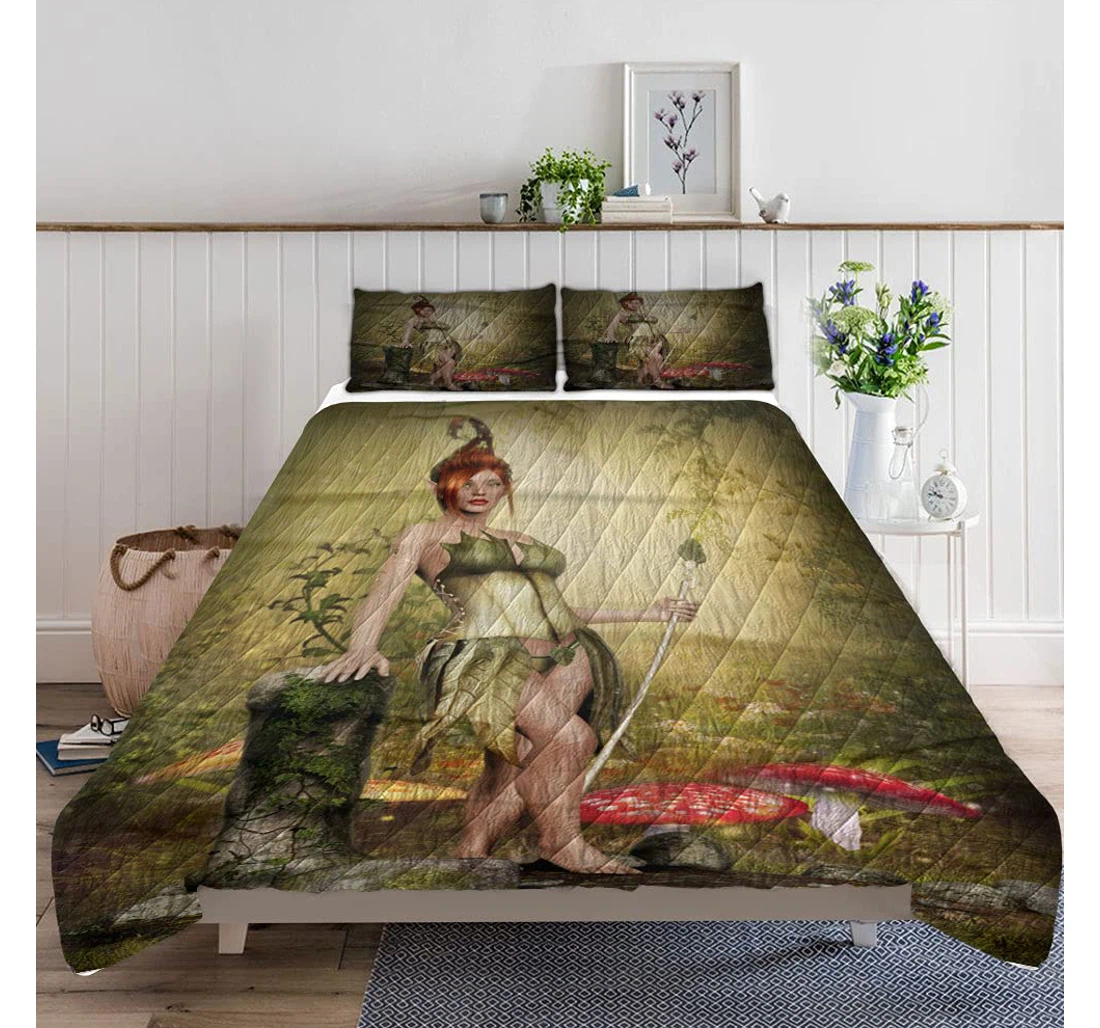 Personalized Bedding Set - Fairy Standing By Tree Stump Included 1 Ultra Soft Duvet Cover or Quilt and 2 Lightweight Breathe Pillowcases