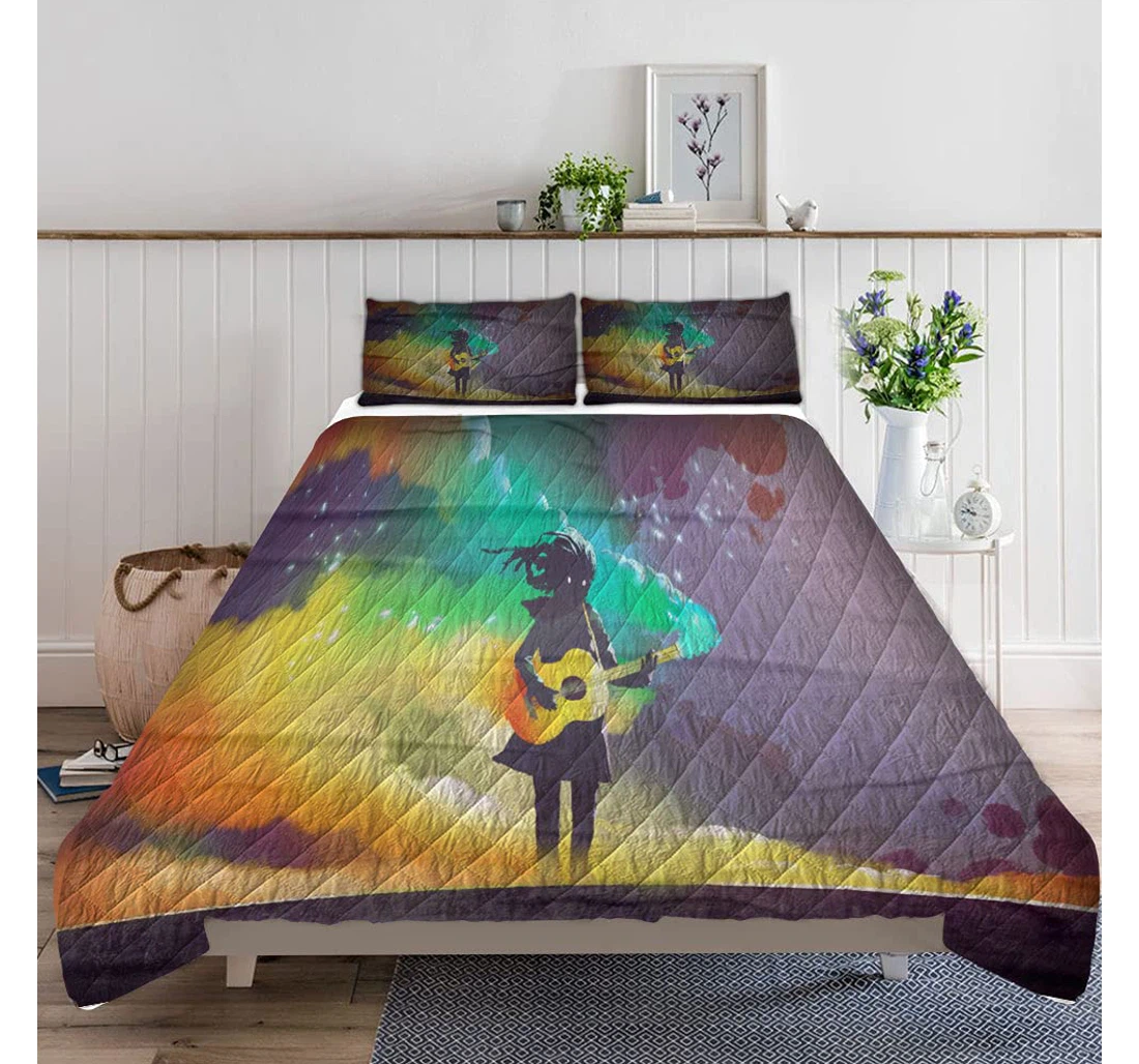 Personalized Bedding Set - Playing Magic Guitar Colorful Smoke Included 1 Ultra Soft Duvet Cover or Quilt and 2 Lightweight Breathe Pillowcases