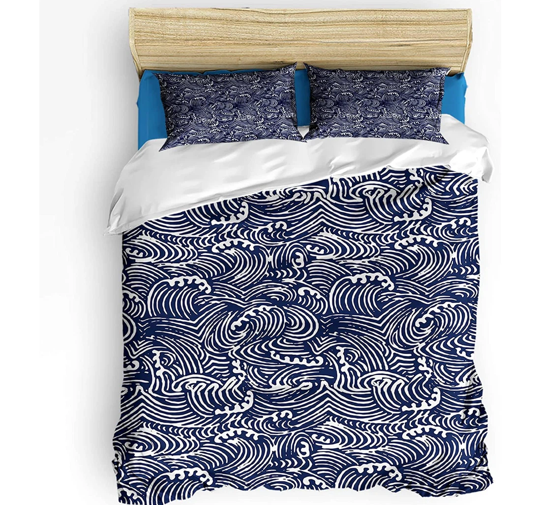 Personalized Bedding Set - Sea Wave Texture Abstract Pattern Blue Included 1 Ultra Soft Duvet Cover or Quilt and 2 Lightweight Breathe Pillowcases