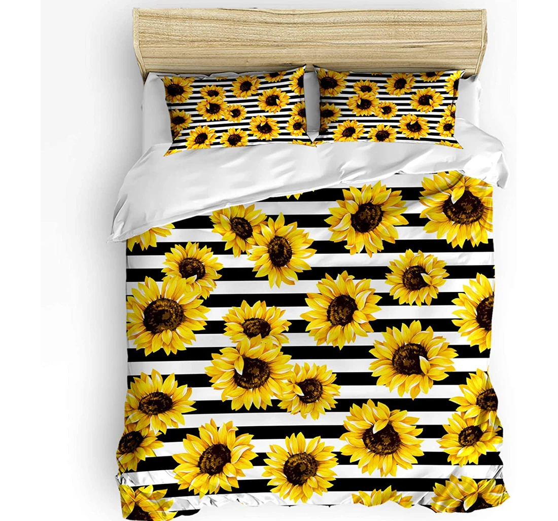 Personalized Bedding Set - Watercolor Sunflower Black Stripe Included 1 Ultra Soft Duvet Cover or Quilt and 2 Lightweight Breathe Pillowcases