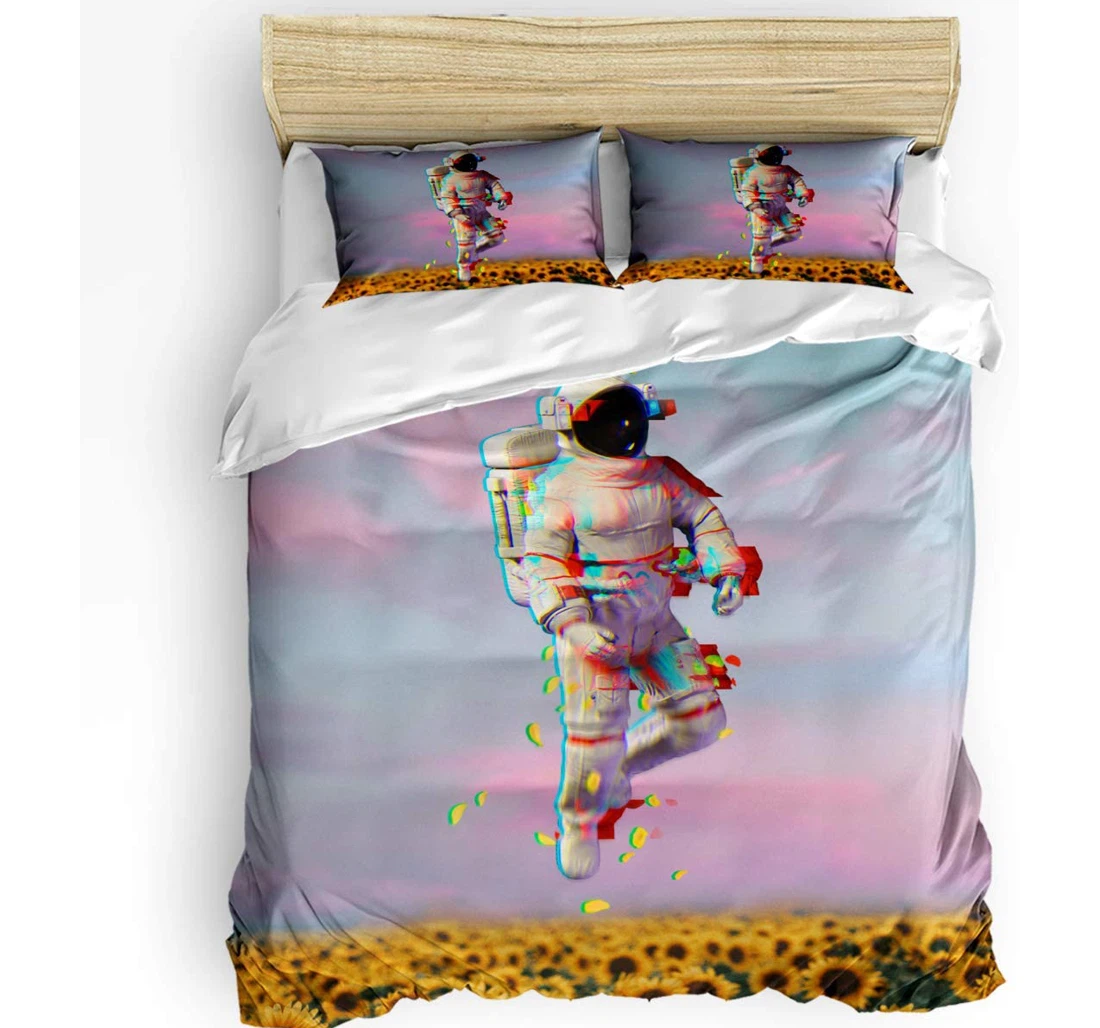 Personalized Bedding Set - Sunflower Field Spaceman Watercolor Included 1 Ultra Soft Duvet Cover or Quilt and 2 Lightweight Breathe Pillowcases
