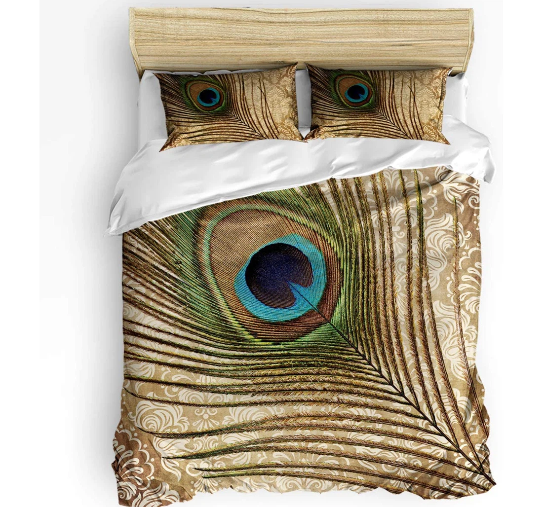 Personalized Bedding Set - Peacock Feathers Brocade Texture Backdrop Included 1 Ultra Soft Duvet Cover or Quilt and 2 Lightweight Breathe Pillowcases