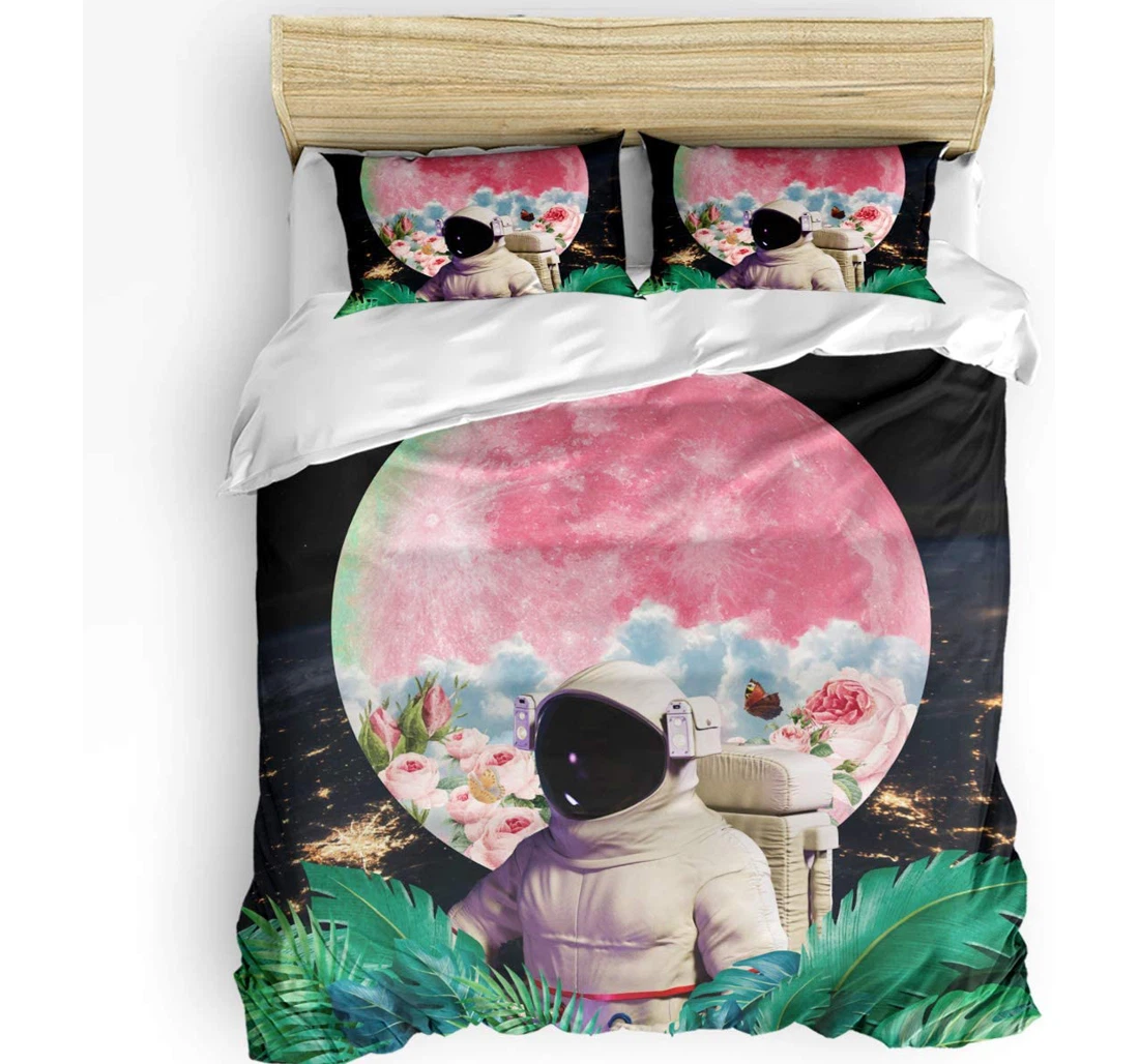 Personalized Bedding Set - Moon Spaceman Astronaut Outer Space Pink Flowers Included 1 Ultra Soft Duvet Cover or Quilt and 2 Lightweight Breathe Pillowcases