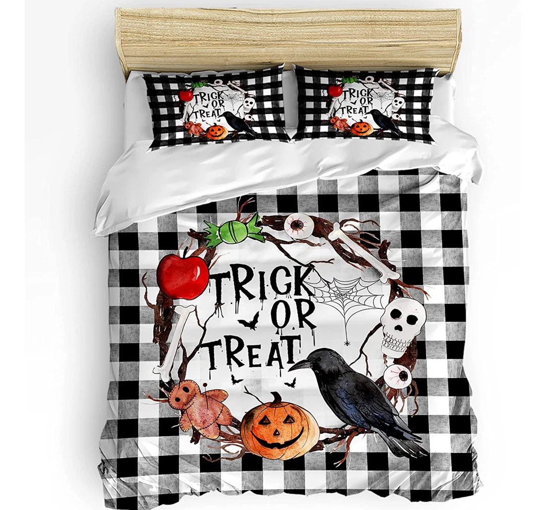 Personalized Bedding Set - Halloween Crow Pumpkin Skull Black Checkered Trick Treat Included 1 Ultra Soft Duvet Cover or Quilt and 2 Lightweight Breathe Pillowcases