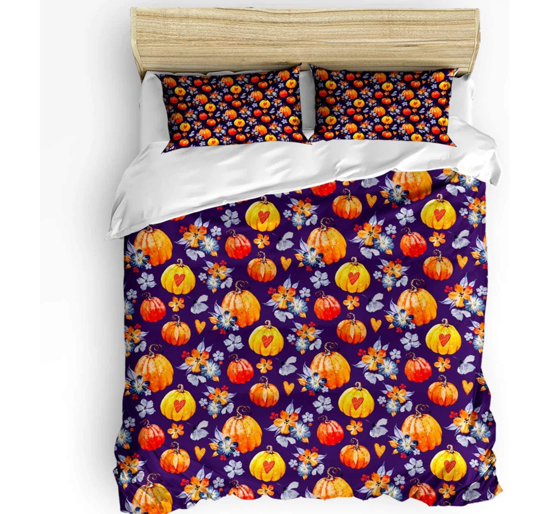 Personalized Bedding Set - Halloween Watercolor Pumpkin Autumn Floral Included 1 Ultra Soft Duvet Cover or Quilt and 2 Lightweight Breathe Pillowcases