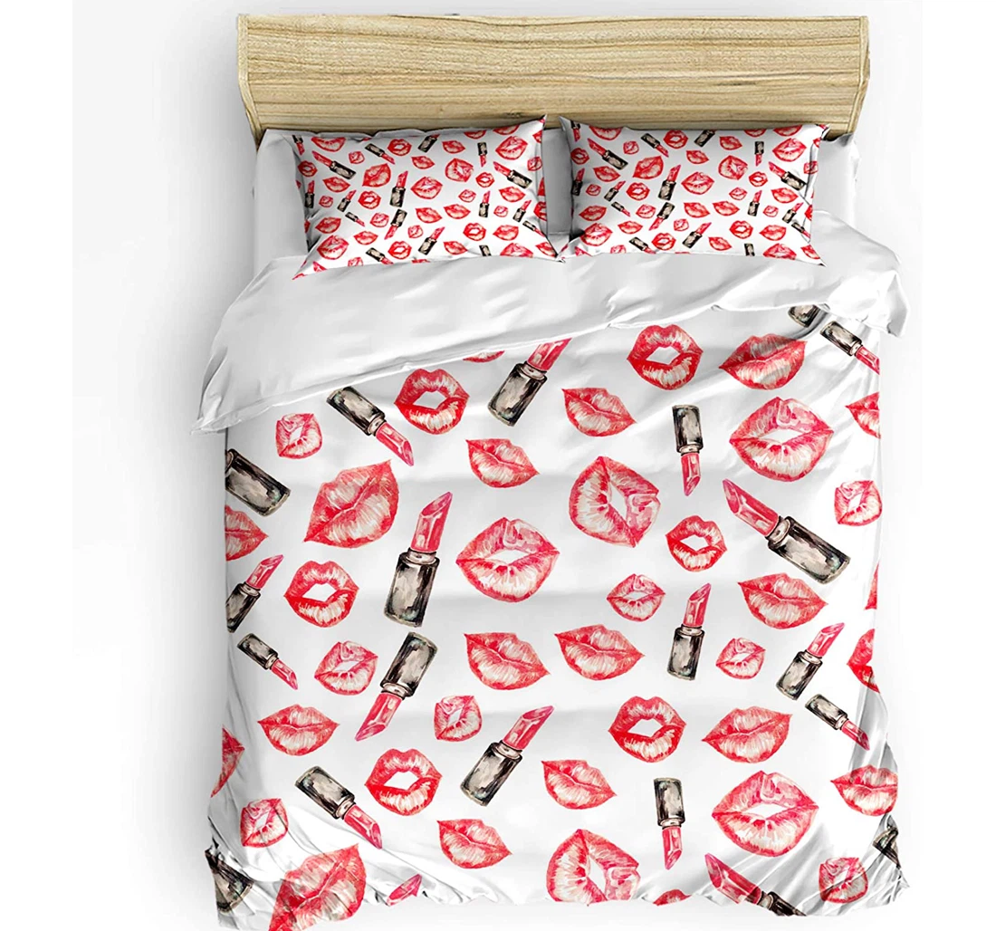 Personalized Bedding Set - Female Makeup Lipstick Cosmetic Lips Included 1 Ultra Soft Duvet Cover or Quilt and 2 Lightweight Breathe Pillowcases