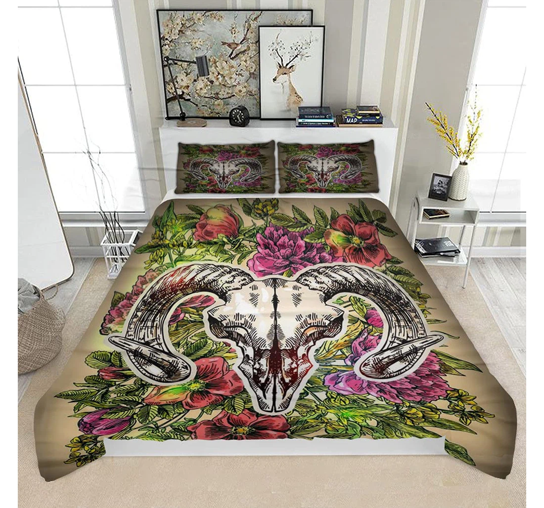 Personalized Bedding Set - Deer Skull Flowers Solf Included 1 Ultra Soft Duvet Cover or Quilt and 2 Lightweight Breathe Pillowcases
