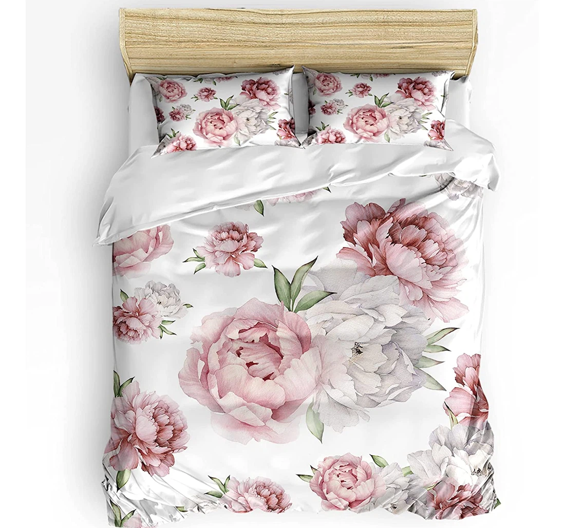 Personalized Bedding Set - Watercolor Pinl Flowers Floral White Backdrop Included 1 Ultra Soft Duvet Cover or Quilt and 2 Lightweight Breathe Pillowcases