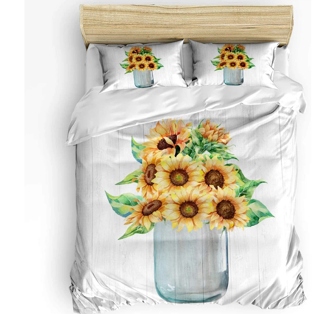 Personalized Bedding Set - Watercolor Sunflower Wood Grain Included 1 Ultra Soft Duvet Cover or Quilt and 2 Lightweight Breathe Pillowcases