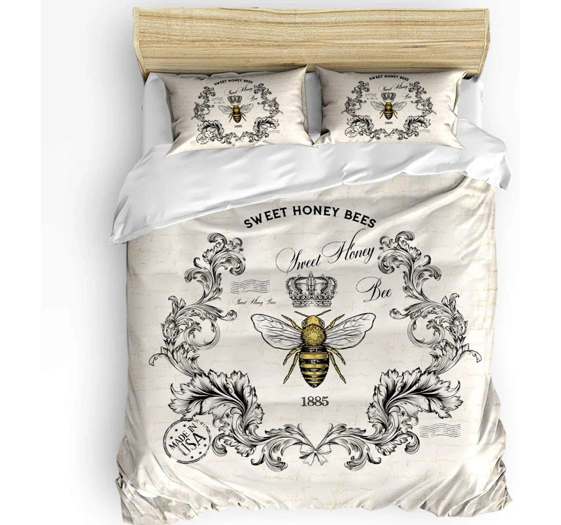 Personalized Bedding Set - Sweet Honey Bees Crown Floral Old Newspaper Included 1 Ultra Soft Duvet Cover or Quilt and 2 Lightweight Breathe Pillowcases