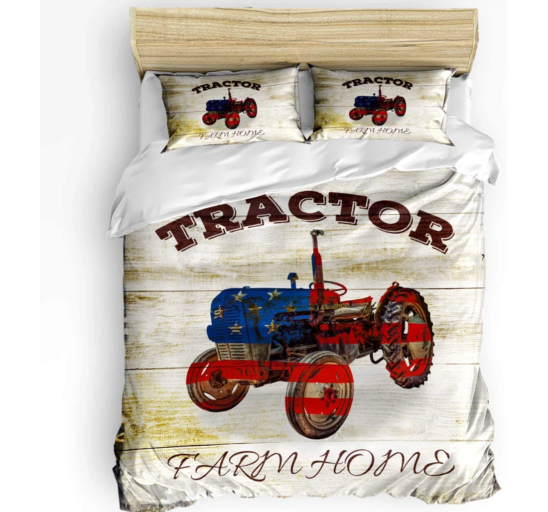 Personalized Bedding Set - Old Tractor American Flag Retro Wood Grain Included 1 Ultra Soft Duvet Cover or Quilt and 2 Lightweight Breathe Pillowcases