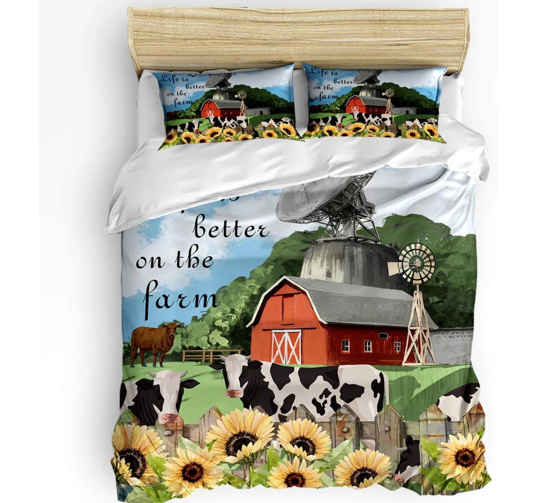Personalized Bedding Set - Farmhouse Sunflower Watercolor Farm Barn Dairy Cattle Included 1 Ultra Soft Duvet Cover or Quilt and 2 Lightweight Breathe Pillowcases