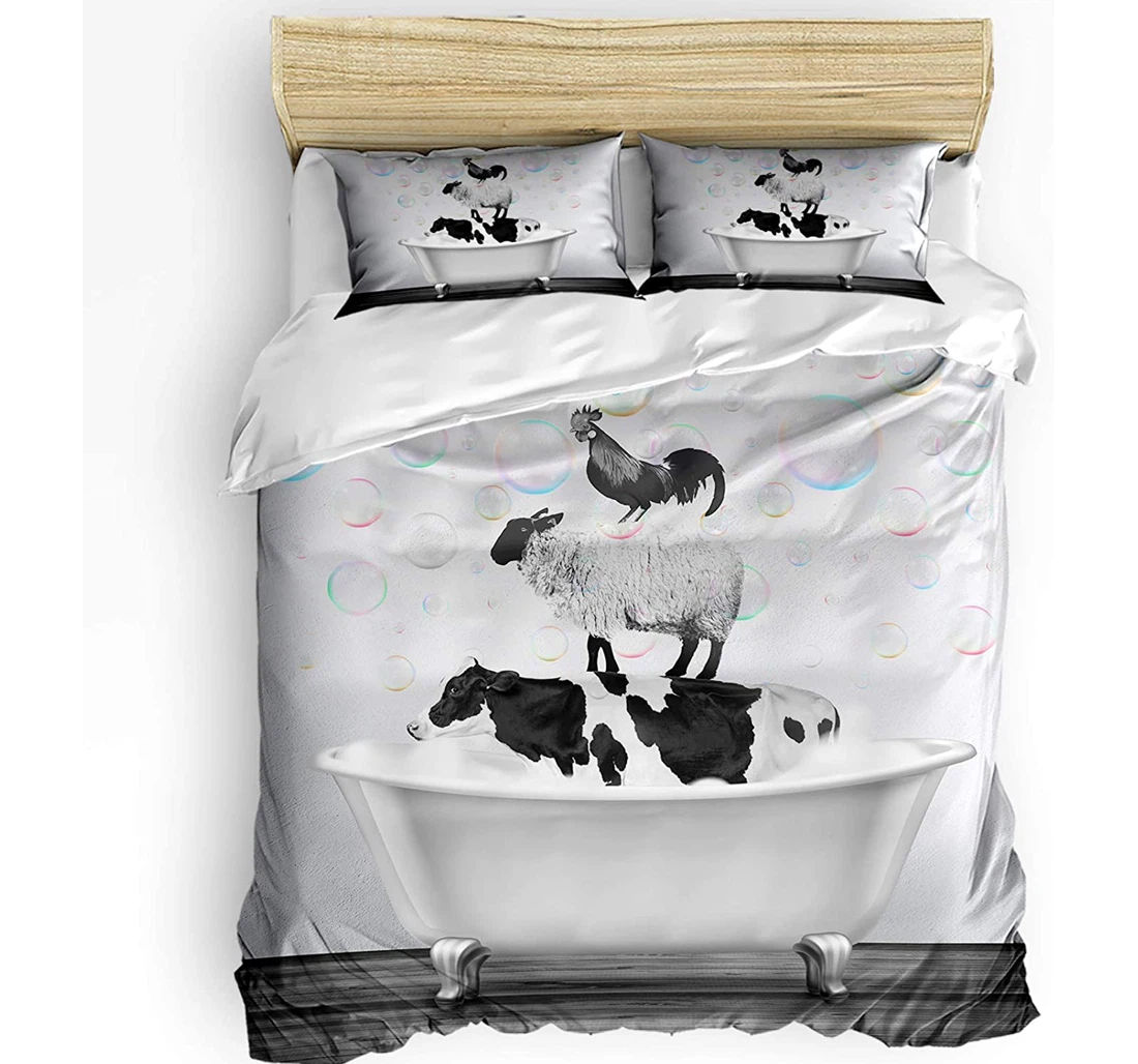 Personalized Bedding Set - Bathtub Farm Animal Funny Cow Chicken Sheep Included 1 Ultra Soft Duvet Cover or Quilt and 2 Lightweight Breathe Pillowcases