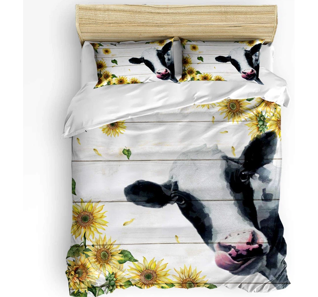 Personalized Bedding Set - Sunflower Cow Farmhouse Animal Retro Wood Grain Included 1 Ultra Soft Duvet Cover or Quilt and 2 Lightweight Breathe Pillowcases