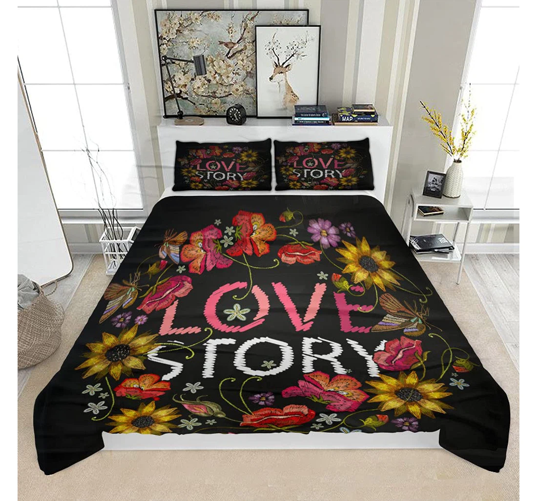 Personalized Bedding Set - Love Story Slogan Embroidery Wreath Flowers Solf Included 1 Ultra Soft Duvet Cover or Quilt and 2 Lightweight Breathe Pillowcases