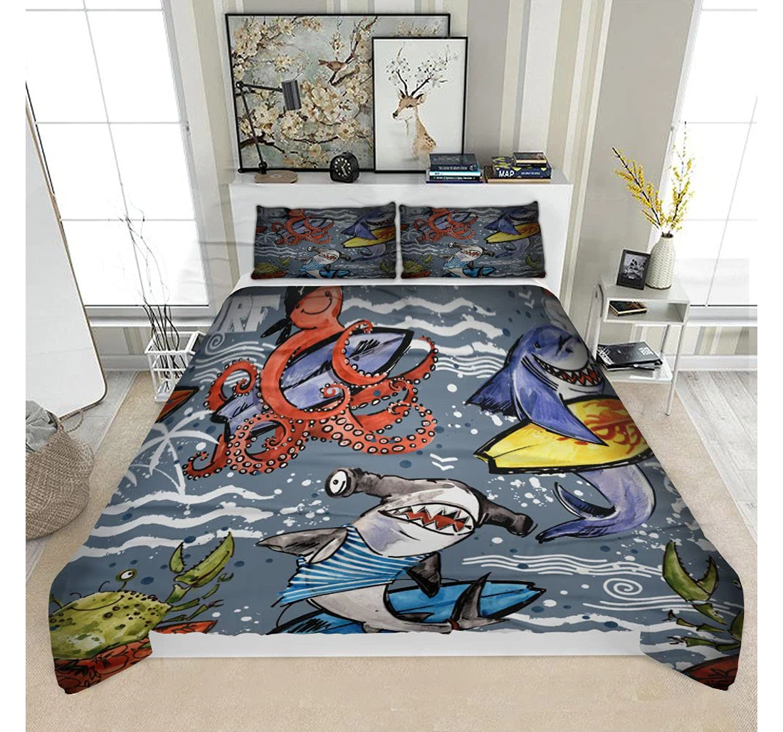 Personalized Bedding Set - Cute Cartoon Sea Fish Solf Included 1 Ultra Soft Duvet Cover or Quilt and 2 Lightweight Breathe Pillowcases