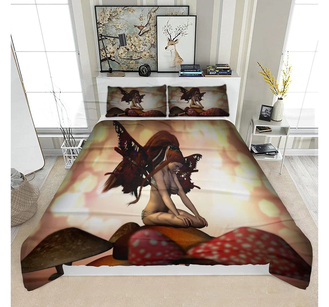 Personalized Bedding Set - Pretty Female Fairy Sitting On Mushroom Solf Included 1 Ultra Soft Duvet Cover or Quilt and 2 Lightweight Breathe Pillowcases