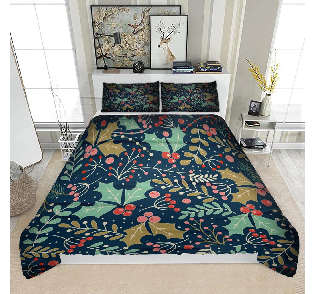 Personalized Bedding Set - Christmas Holly Leaves Berries1 Solf Included 1 Ultra Soft Duvet Cover or Quilt and 2 Lightweight Breathe Pillowcases