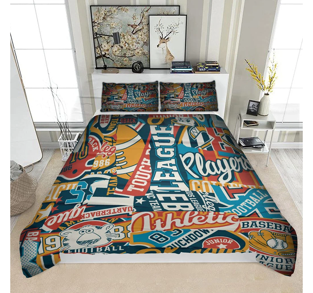 Personalized Bedding Set - Cute College Sporting Labels Patchwork Solf Included 1 Ultra Soft Duvet Cover or Quilt and 2 Lightweight Breathe Pillowcases