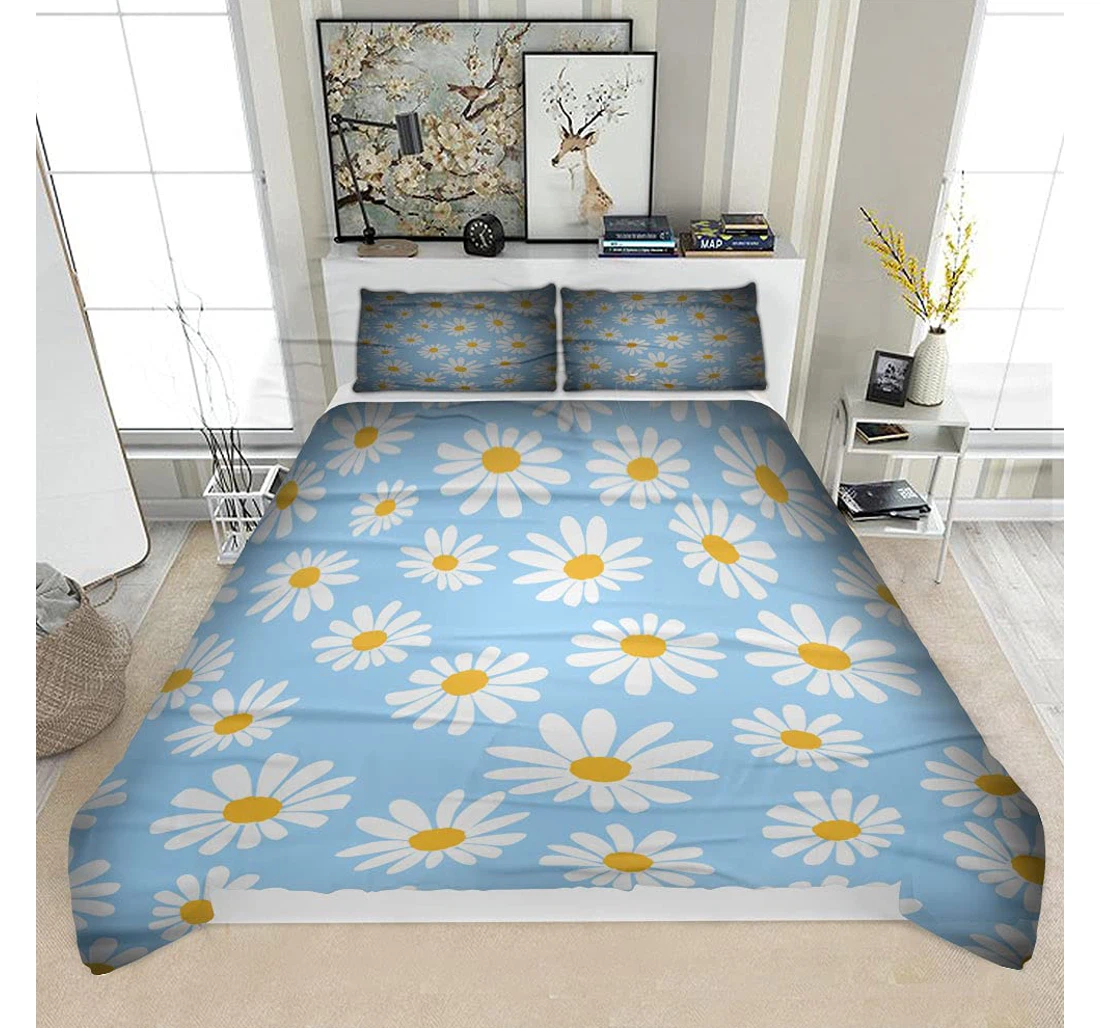 Personalized Bedding Set - Daisy Flower On Blue Background Solf Included 1 Ultra Soft Duvet Cover or Quilt and 2 Lightweight Breathe Pillowcases