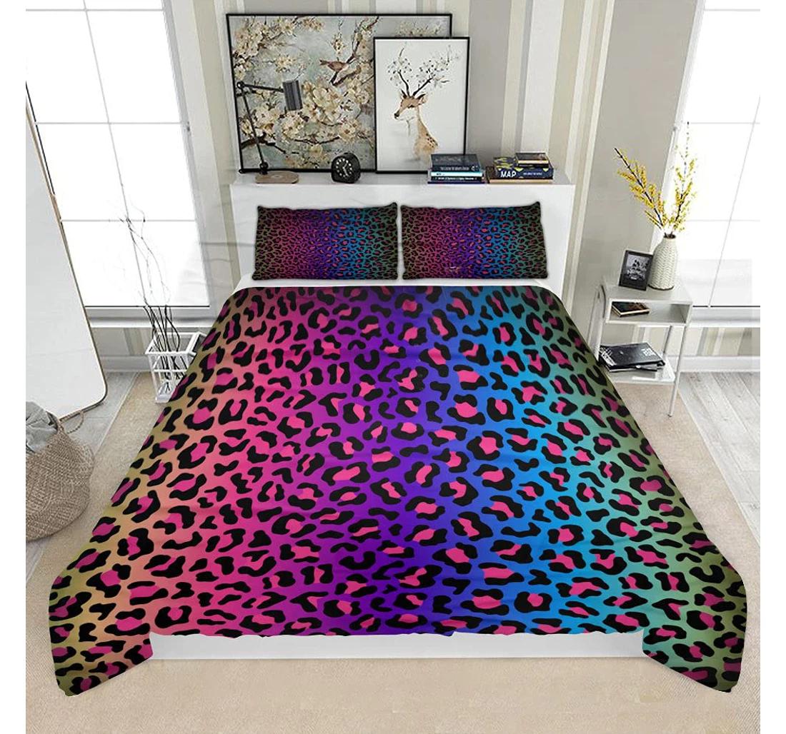 Personalized Bedding Set - Colorful Leopard Neon Rainbow Solf Included 1 Ultra Soft Duvet Cover or Quilt and 2 Lightweight Breathe Pillowcases