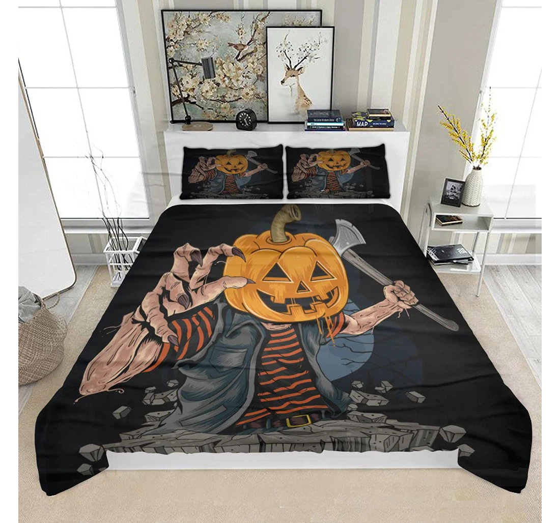 Personalized Bedding Set - Pumpkin Zombie Halloween Killer Artwork Vector Solf Included 1 Ultra Soft Duvet Cover or Quilt and 2 Lightweight Breathe Pillowcases