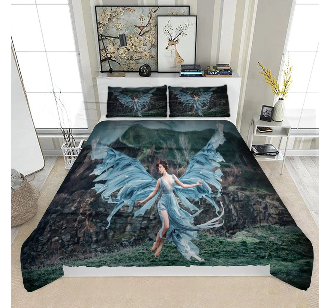 Personalized Bedding Set - Angel Beautiful Wings Picture Old Solf Included 1 Ultra Soft Duvet Cover or Quilt and 2 Lightweight Breathe Pillowcases