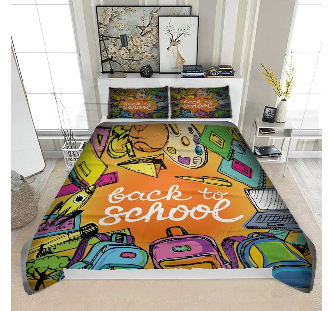 Personalized Bedding Set - Back School Big Doodles Hand2 Solf Included 1 Ultra Soft Duvet Cover or Quilt and 2 Lightweight Breathe Pillowcases