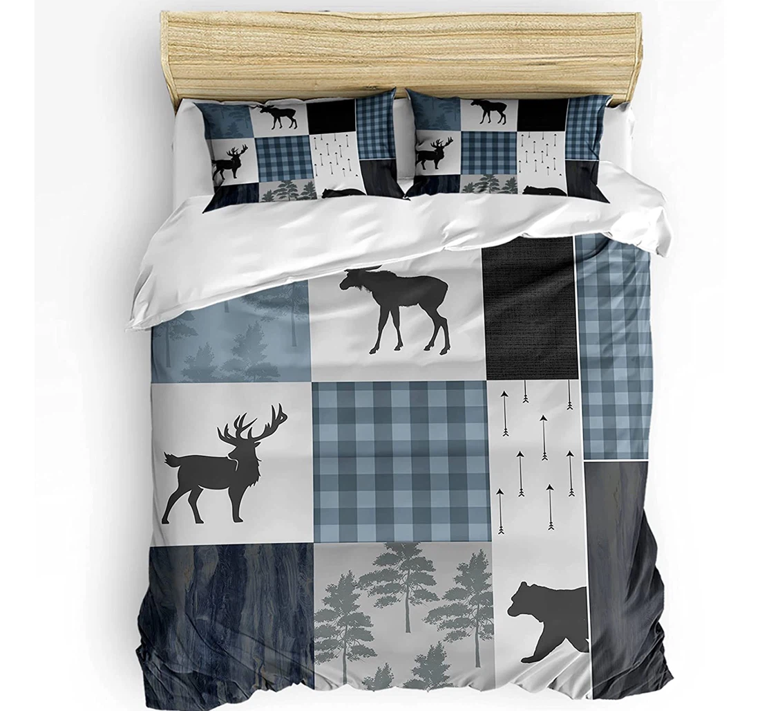 Personalized Bedding Set - Retro Buffalo Check Forest Bear Deer Included 1 Ultra Soft Duvet Cover or Quilt and 2 Lightweight Breathe Pillowcases