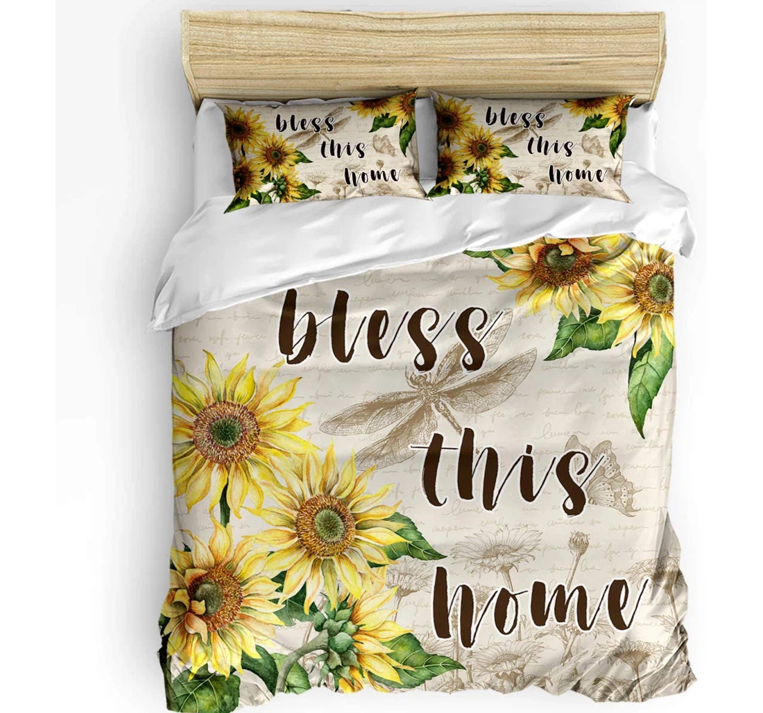 Personalized Bedding Set - Vintage Sunflower Floral Plants Butterfly Dragonfly Kraft Paper Included 1 Ultra Soft Duvet Cover or Quilt and 2 Lightweight Breathe Pillowcases