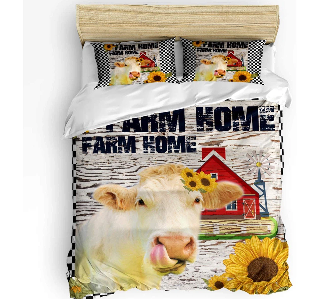 Personalized Bedding Set - Farm Cow Funny Animal Barn Sunflower Wood Grain Included 1 Ultra Soft Duvet Cover or Quilt and 2 Lightweight Breathe Pillowcases