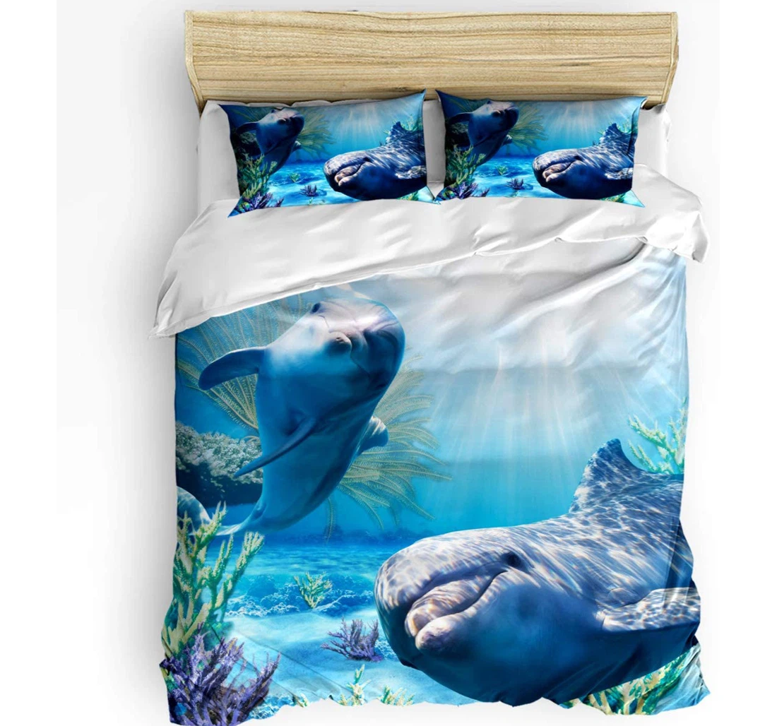 Personalized Bedding Set - Sea Dolphins Coral Marine Life Included 1 Ultra Soft Duvet Cover or Quilt and 2 Lightweight Breathe Pillowcases