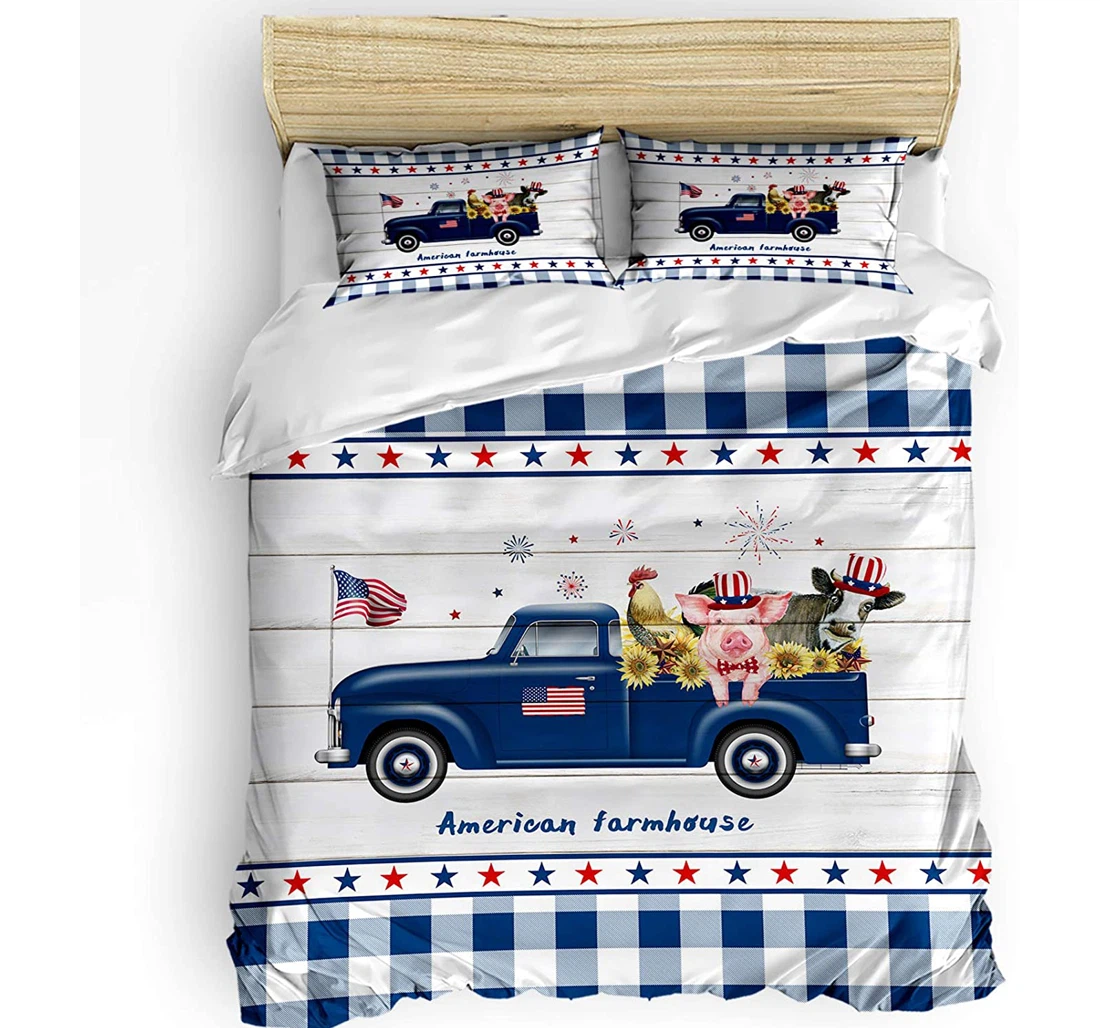 Personalized Bedding Set - Usa Flag Truck Sunflower Farmhouse Animals Wood Grain Plaid Included 1 Ultra Soft Duvet Cover or Quilt and 2 Lightweight Breathe Pillowcases