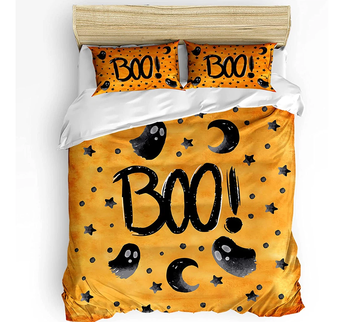 Personalized Bedding Set - Halloween Boo Full-moon Night Black Star Pattern Orange Included 1 Ultra Soft Duvet Cover or Quilt and 2 Lightweight Breathe Pillowcases