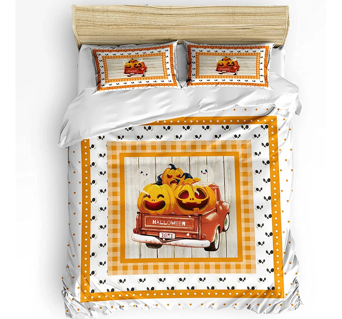 Personalized Bedding Set - Halloween Vintage Truck Cute Pumpkin Ghost Orange Plaid Included 1 Ultra Soft Duvet Cover or Quilt and 2 Lightweight Breathe Pillowcases