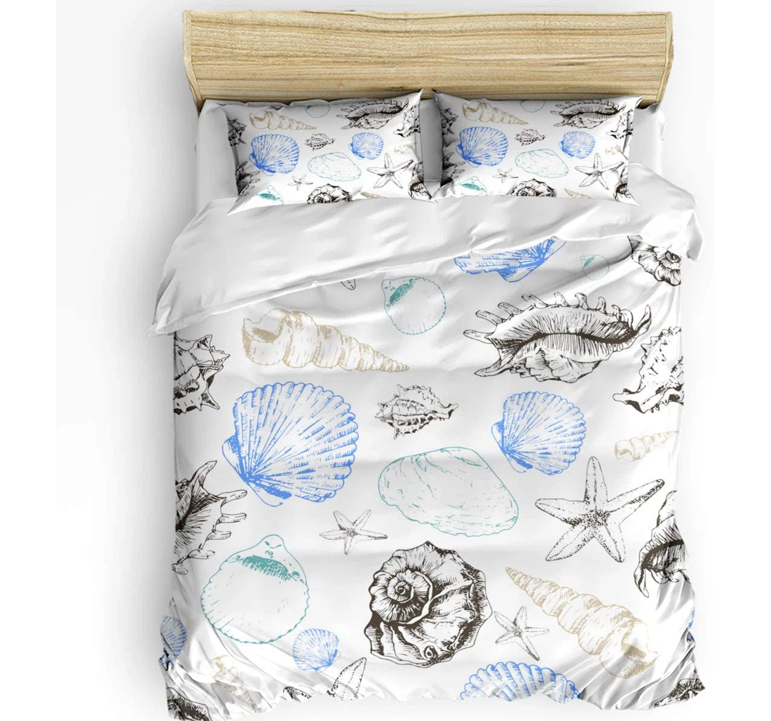 Personalized Bedding Set - Ocean Themed Sea Shells Starfish Conch Sketch Included 1 Ultra Soft Duvet Cover or Quilt and 2 Lightweight Breathe Pillowcases